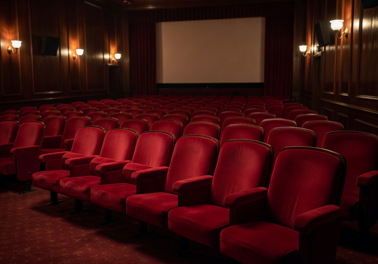 Cozy cinema interior with rows of plush red seats and warm ambient lighting