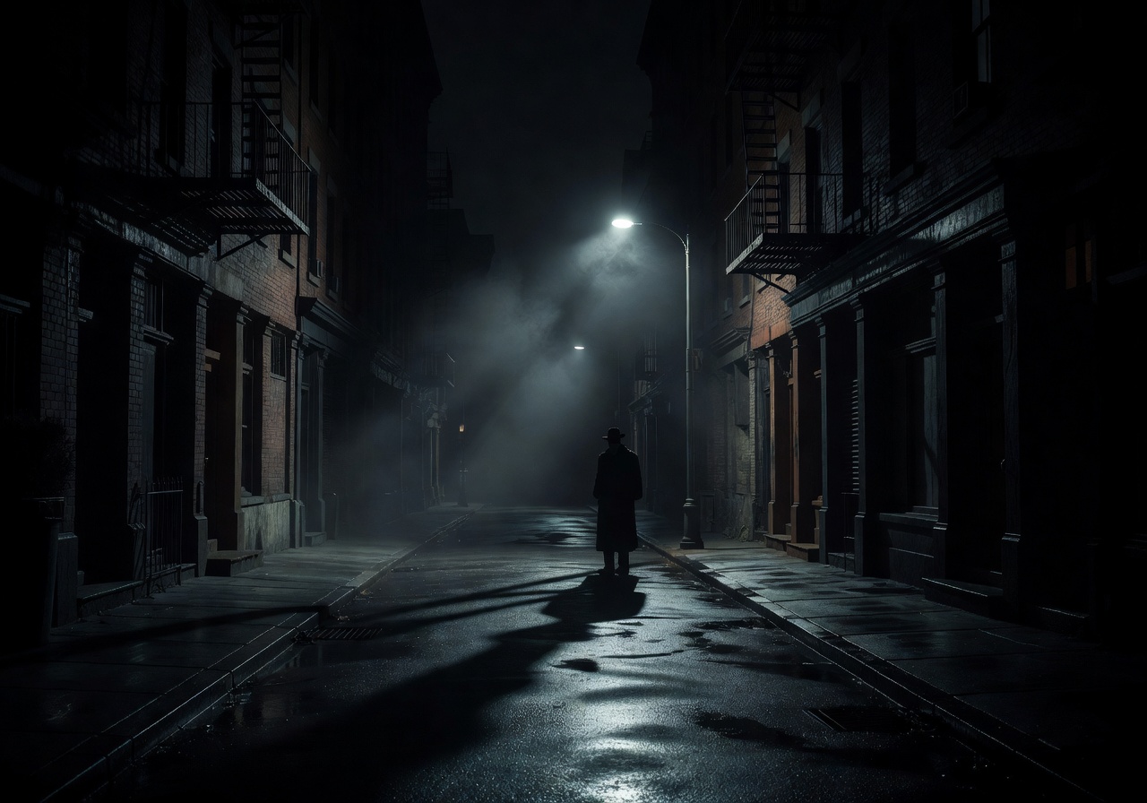 Dark moody city street at night with noir film atmosphere and mysterious shadows
