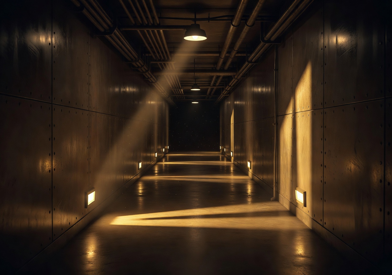 Dark vault corridor with golden lighting evoking a heist movie atmosphere