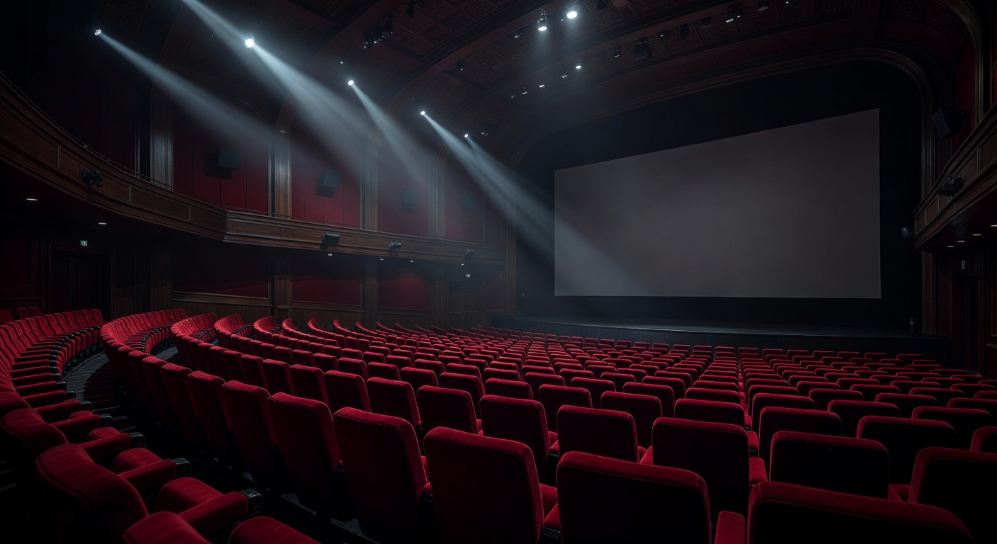 Dramatic cinema auditorium with red seats and atmospheric lighting creating a cinematic ambiance