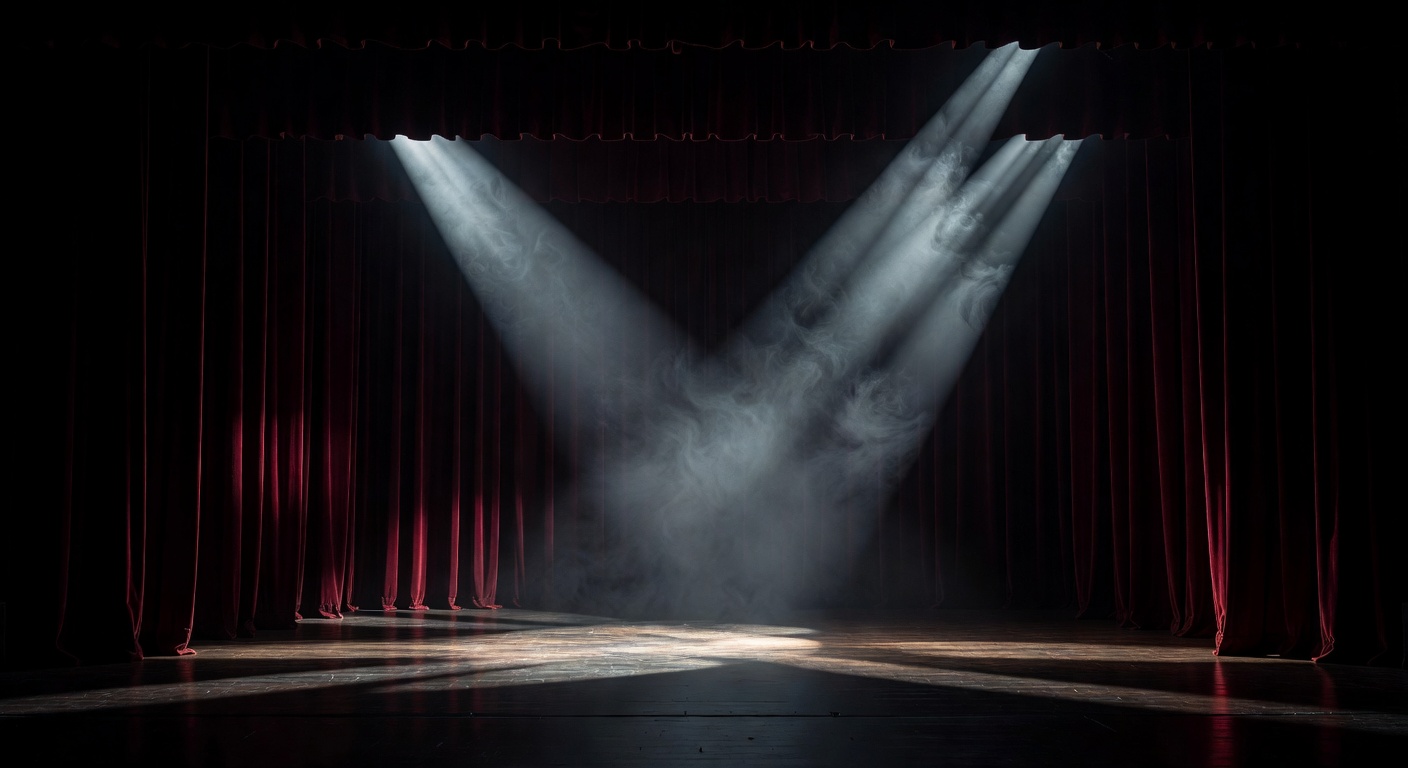 Dramatic cinema stage with spotlight beams and curtains creating an atmospheric theater setting