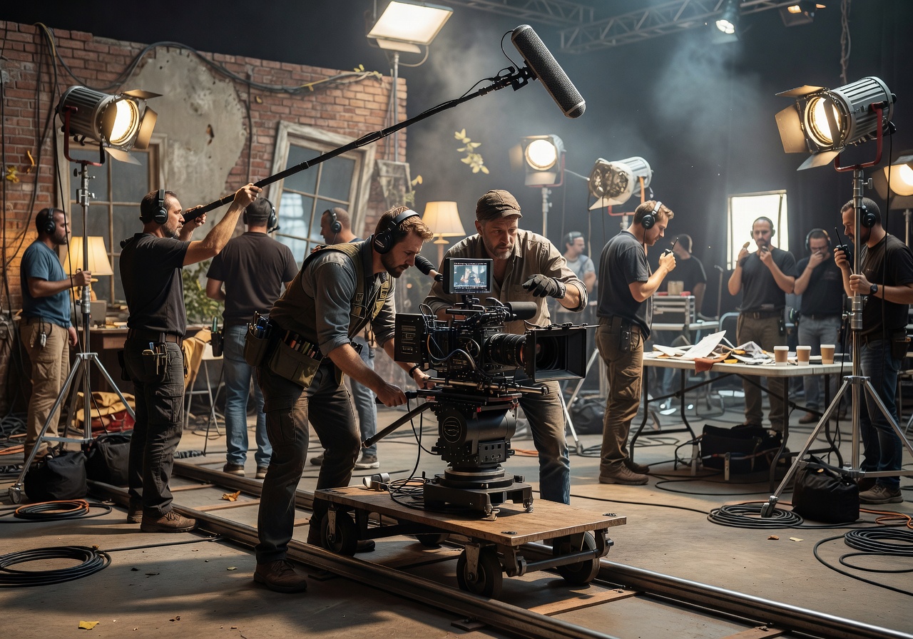 Film production crew working with professional camera equipment on a movie set