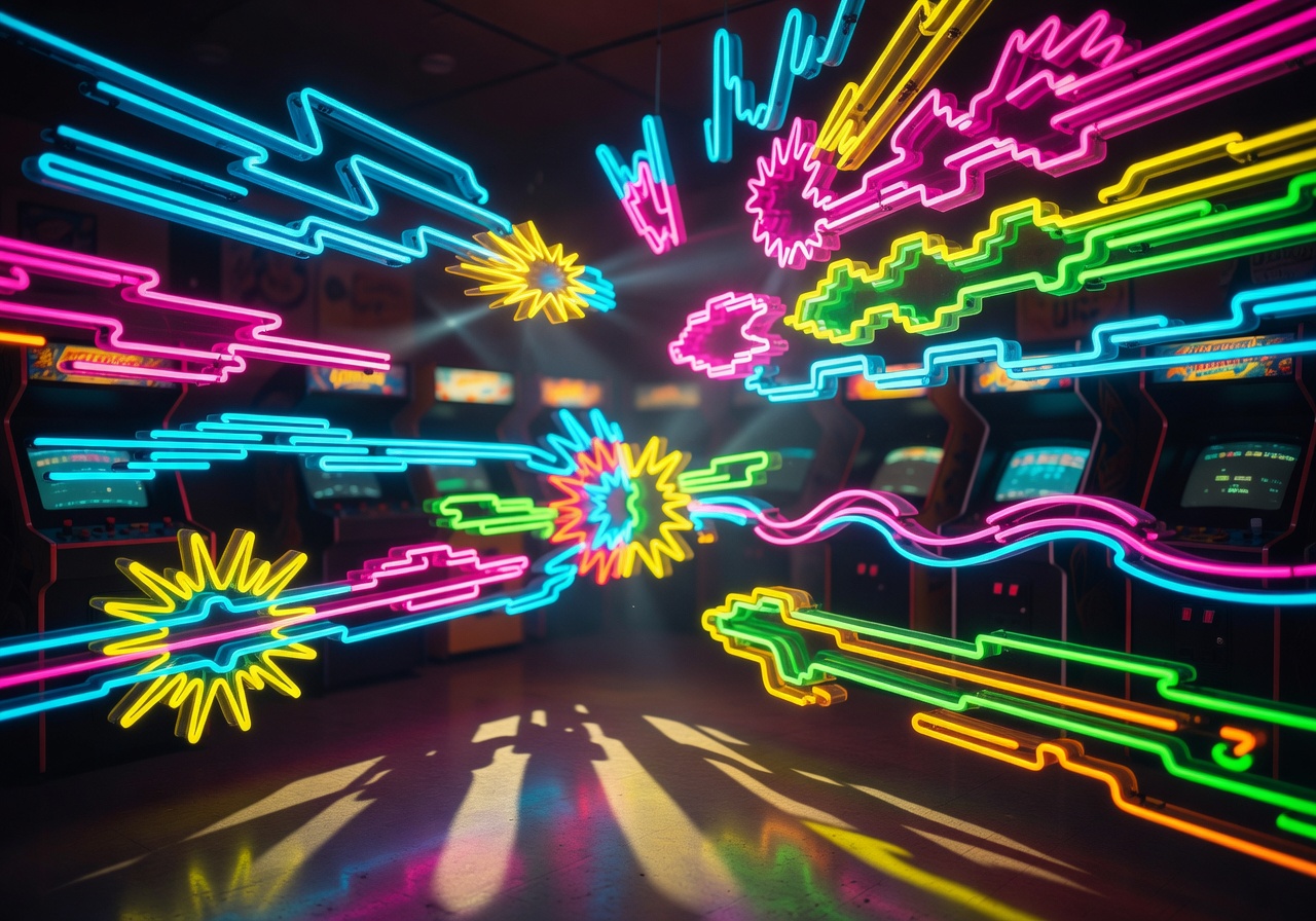 Glowing neon arcade lights with vibrant colors representing instant play gaming action