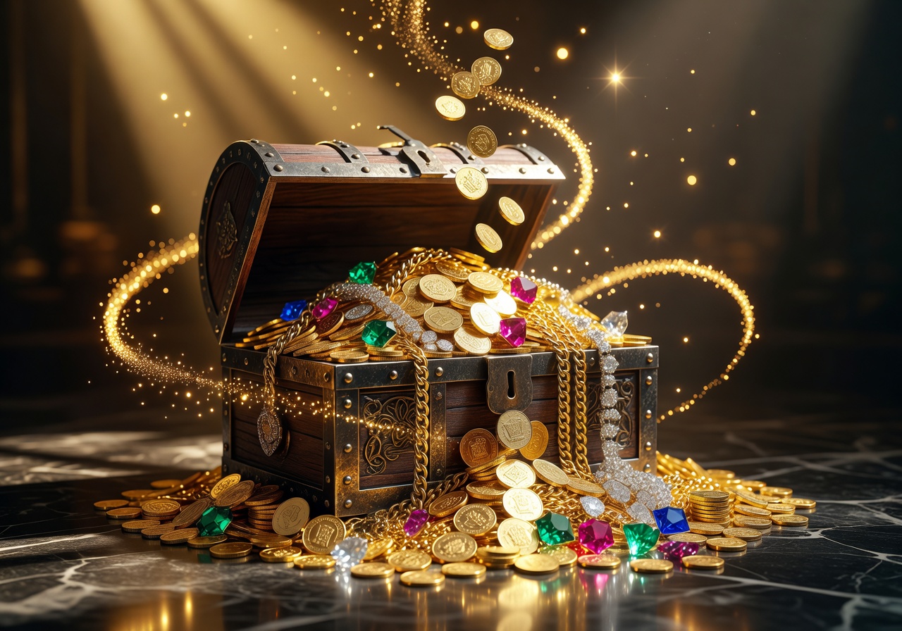 Golden sparkling lights and treasure symbolizing bonus rewards and jackpot scenes