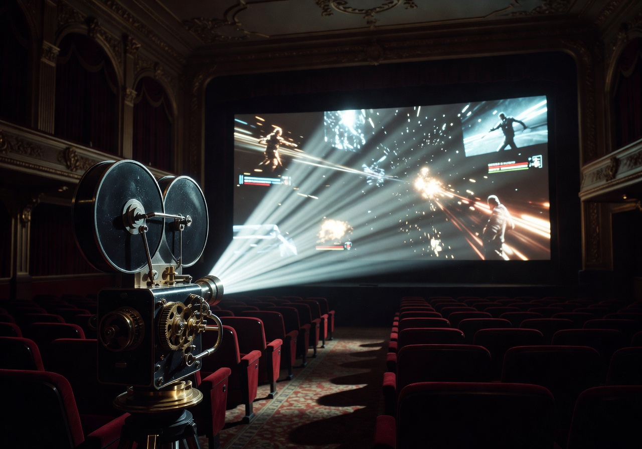 Movie projector casting dramatic light beams through a dark cinema representing cinematic gameplay