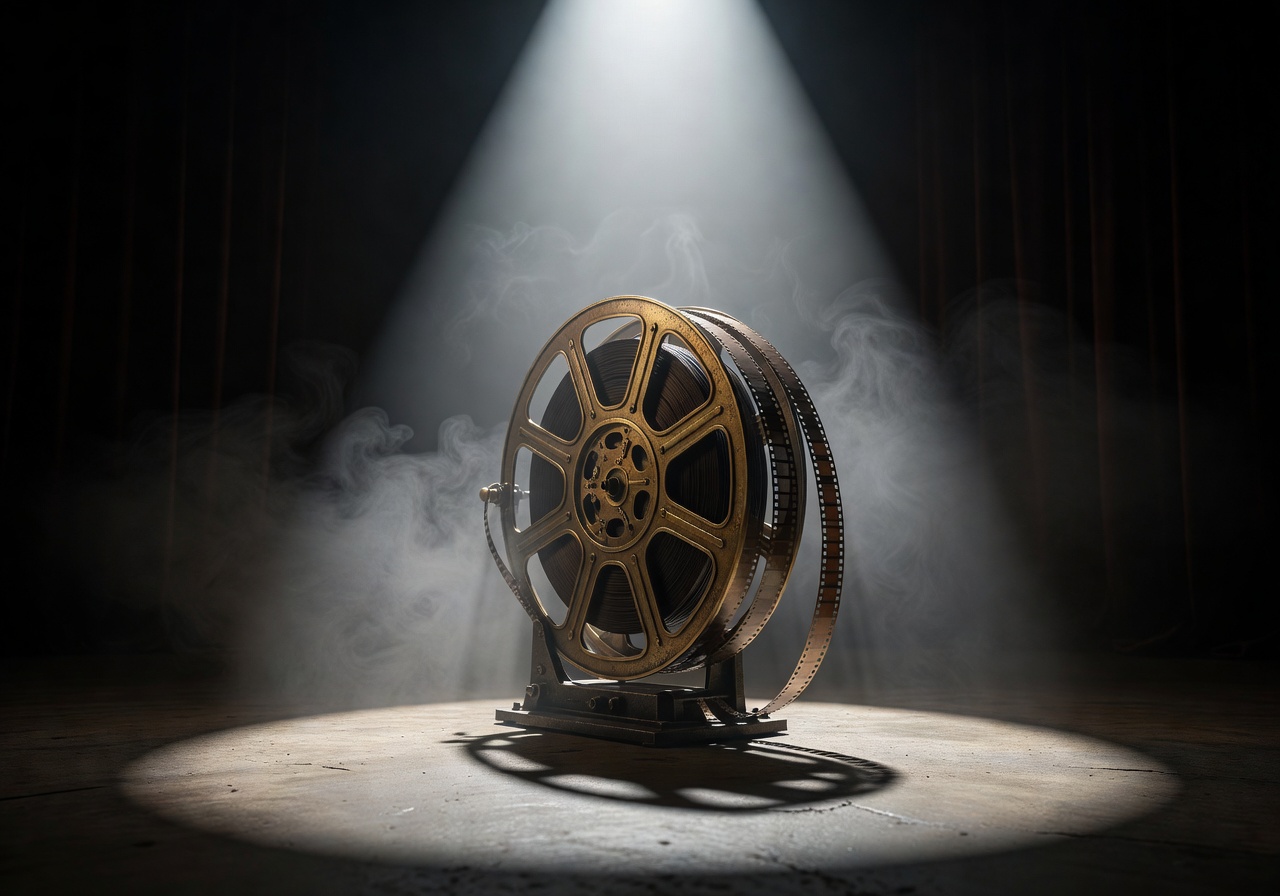Movie Slot game trailer preview showing cinematic film reel and dramatic spotlight action