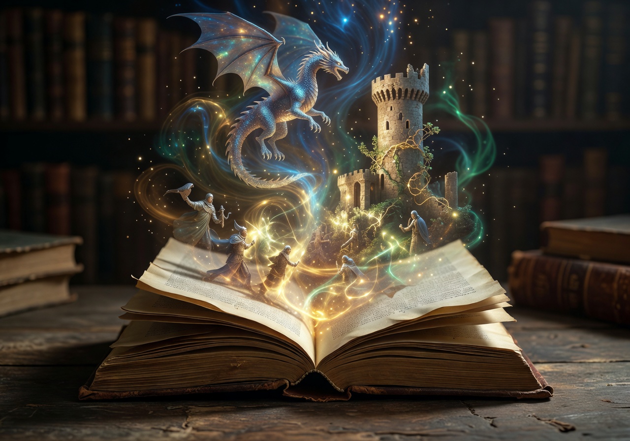 Open storybook with magical light emanating from pages representing narrative-driven story mode