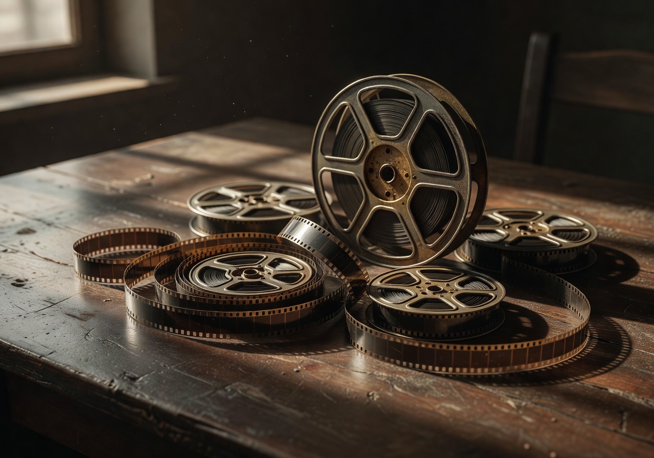 Vintage film strip and movie reels symbolizing the art of storytelling through cinema
