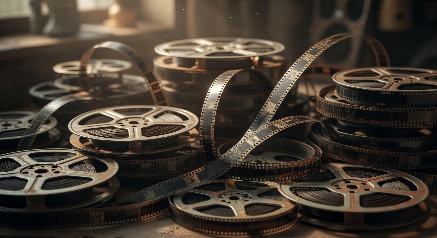 Vintage movie film reels and strips creating a nostalgic cinematic background