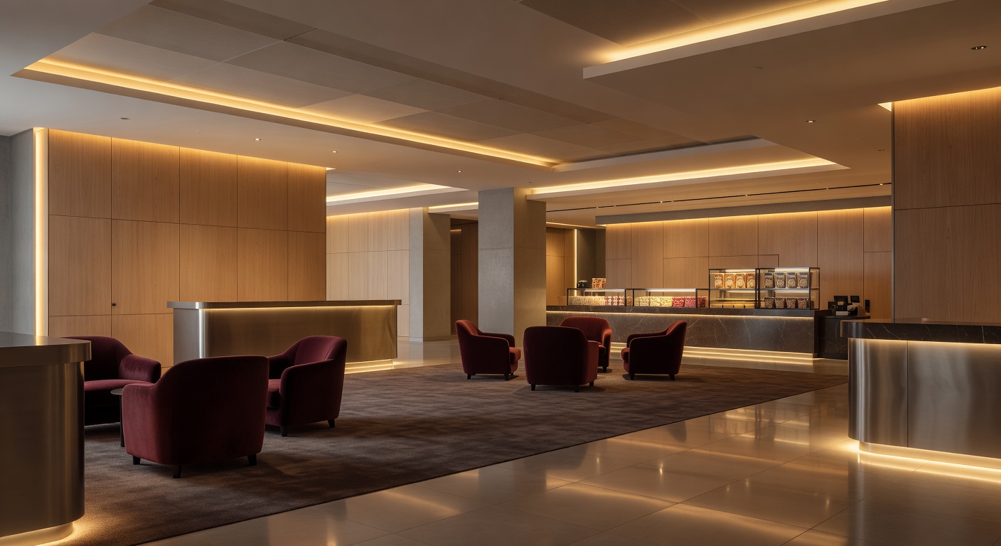 Warm cinema lobby with golden ambient lighting and modern interior design